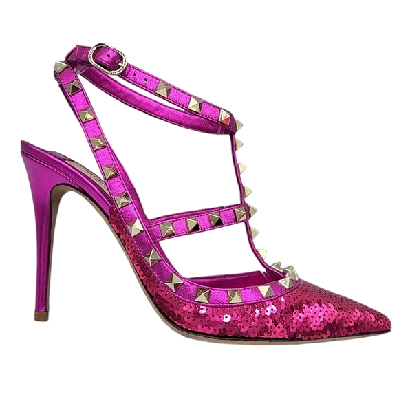Valentino Rockstud Sequined Leather Pumps Pink 38.5 - Picture 2 of 16